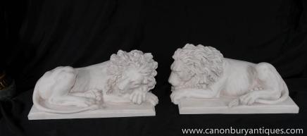 Pair Italian White Stone Lions Recumbant Gatekeeper Statue 