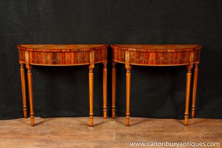 Pair Regency Adams Demi Lune Console Tables Painted Satinwood 