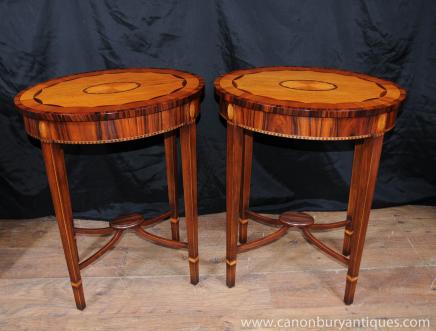 Pair Regency Oval Side Tables Rosewood Satinwood Inlay 