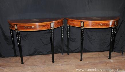 Pair Regency Sheraton Demi Lune Console Tables Painted Features