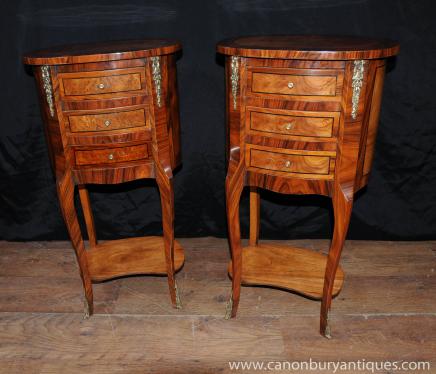 Pair Regency Walnut Inlay Bedside Chests Tables Nightstands 