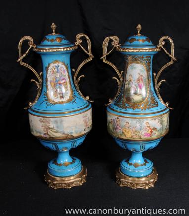 Pair Sevres Porcelain Cyan Vases Urns Ormolu Fixtures 