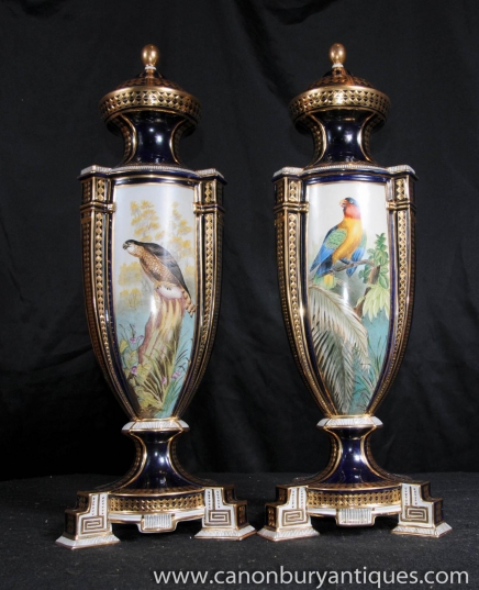 Pair Sevres Porcelain Parrot Tropical Bird Vases Urns 