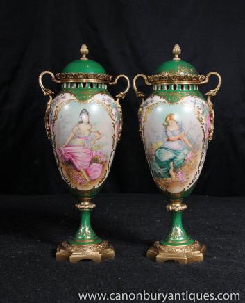 Pair Sevres Romantic Porcelain Vases Urns Maiden Potrait Panels 