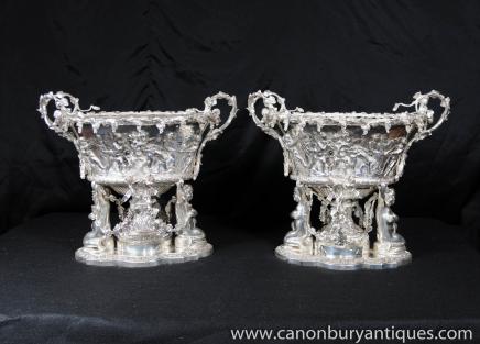 Pair Silver Plate Cherub George II Urns Tureens Silverplate