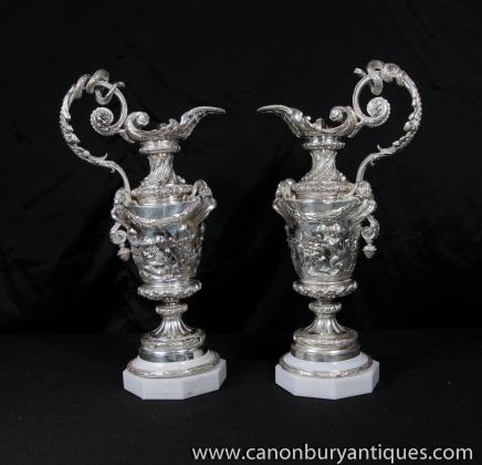 Pair Victorian Silver Plate Cherub Jugs Vases Urns Sheffield 