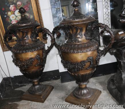 Pair XL Bronze Italian Vases Urns Amphora Architectural Garden 