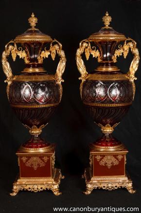Pair XL French Empire Porcelain Glass Urns Vases Ormolu Maidens 