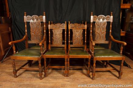 Set 8 Antique William and Mary Carved Dining Chairs Oak Kitchen Chair 