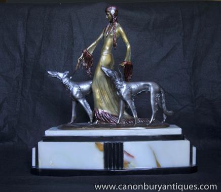 Signed Poertzel Art Deco Bronze Aristocrats Borzoi Dogs Figurine 