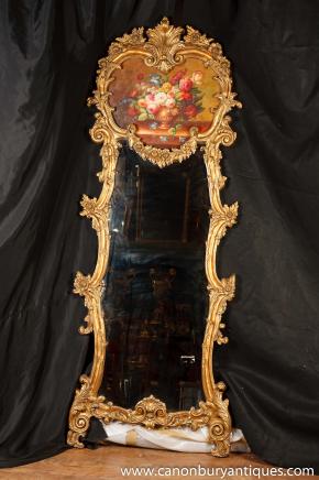 Victorian Rococo Pier Mirror Painted Floral Panel Gilt Frame 