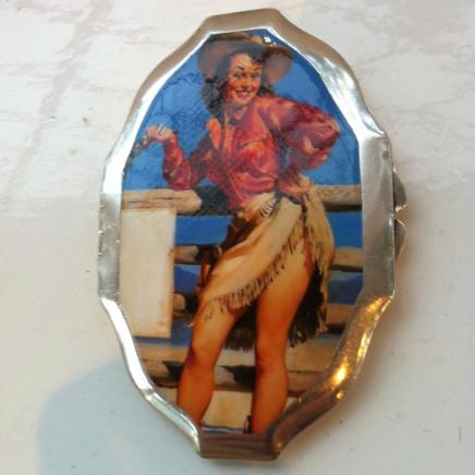 Antique Solid Silver Western Cowgirl Mirror Compact 