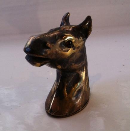 Brass Match Safe In Shape of Horse Head with Garnet Eyes