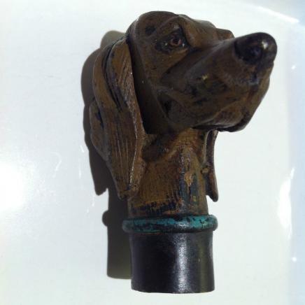 Cold Painted Bronze Walking Stick Handle in Shape of Dog 