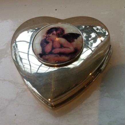 Early Solid Silver Heart Shaped Cherub Trinket Box 