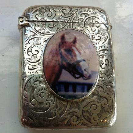 English Solid Silver Vesta Case with Enamel Horse 