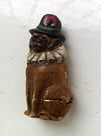 Hand Painted Brass Novelty Vesta in Shape of Toby Dog 