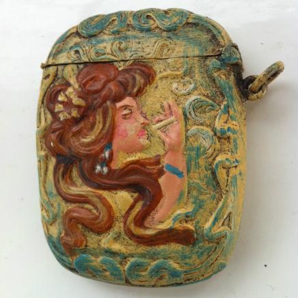 Hand Painted Brass Vesta Case with Smoking Lady 