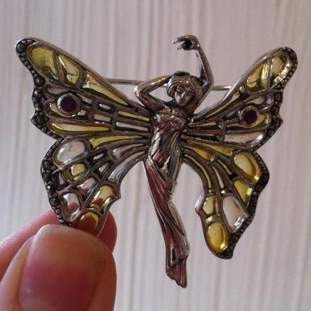 Silver Art Nouveau Plique A Jour Enamel Fairy Brooch 