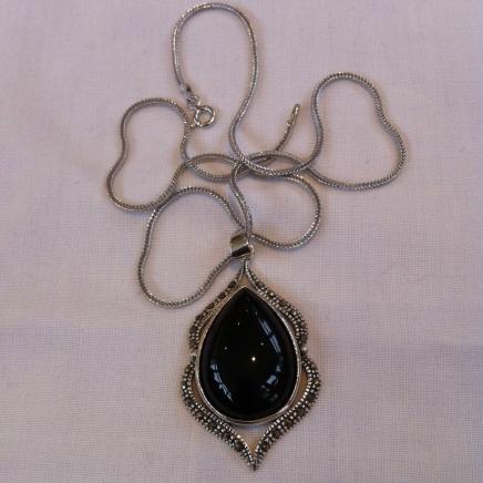 Silver Marcasite & Onyx Teardrop Pendant 