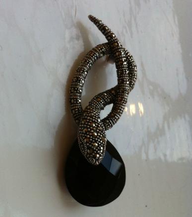Silver & Marcasite Serpent Drop Pendant & Facet Cut Onyx Stone 