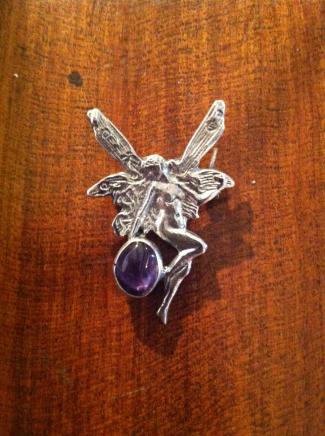 Solid Silver Art Nouveau Winged Fairy Brooch with Stone 