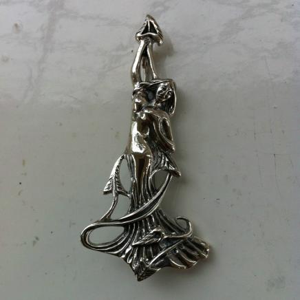 Solid Silver Fairy Holding Twisted Vine Leaf Brooch