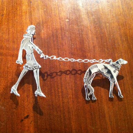Solid Silver & Marcasite Art Deco Lady Walking Her Dog 