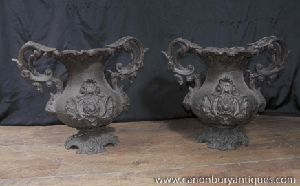 Antique French Art Nouveau Cast Iron Garden Urns Campana Vase Planter 