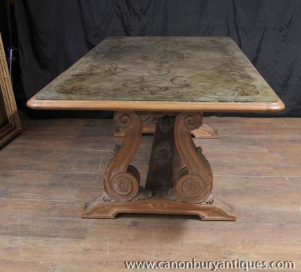 Antique French Art Nouveau Eglomise Dining Table Glass Topped Inlay 