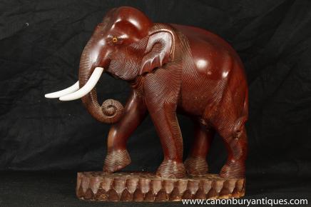 Antique Mahogany Carved Wood Elephant Triable Art 