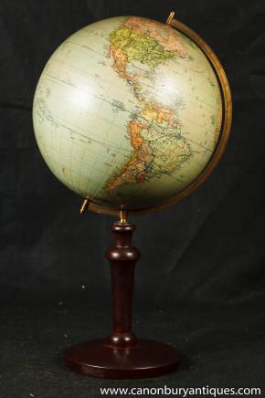 Antique Swedish World Globe Map Mahogany Stands 