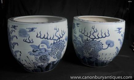 Blue and White Porcelain Planters Dragon Bowls Nanking Pottery 