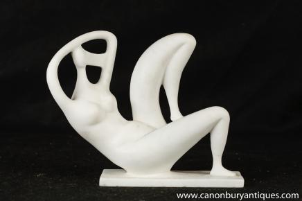 Carved White Marble Abstract Art Female Nude Figurine Statue 