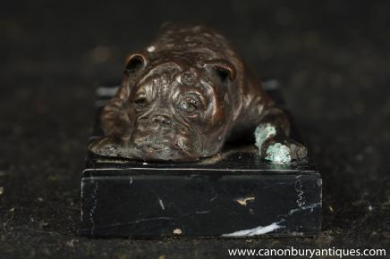 English Bronze Bulldog Statue Lying Bull Dog 