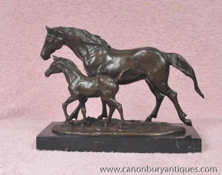 French Bronze Horse and Foal Statue Figurine Signed Milo Pony 