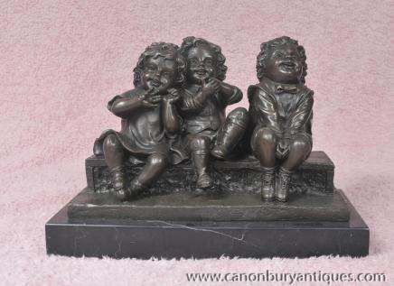 French Bronze Statue Trio Children Figurines Signed Juan Clara 