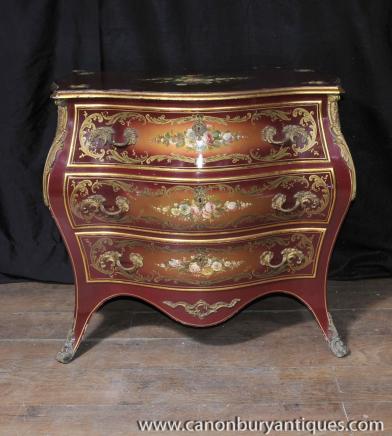 French Lacquer Bombe Commode Chest Drawers Floral Painted Furniture 