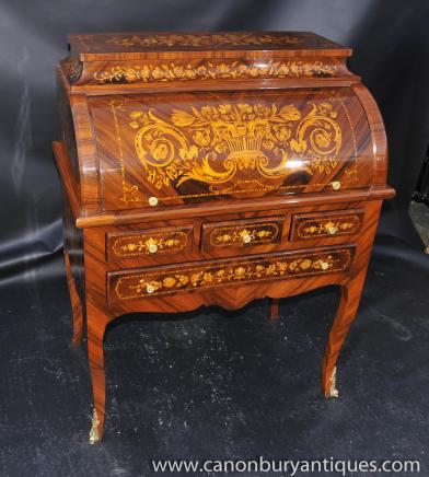 French Louis XV Roll Top Desk Bureau Writing Table Inlay Furniture 