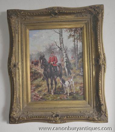French Oil Painting Hussar Soldier Horseback Portrait Gilt Frame 