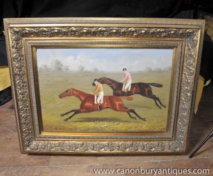 Large English Oil Painting Steeplechase Horse 7 Jockey Stubbs 