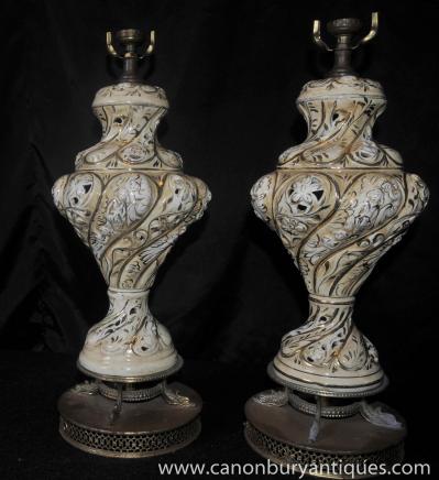 Pair Antique Art Nouveau Porcelain Table Lamps French Lights 