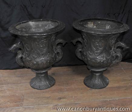 Pair Antique Italian Bronze Romanesque Garden Urns Campana Urn 