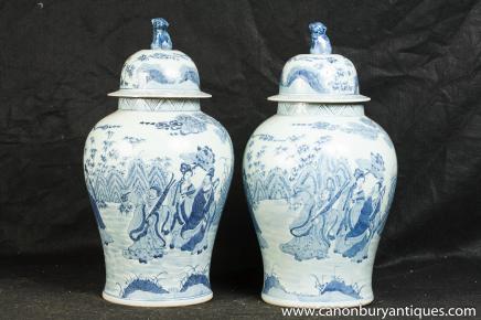 Pair Blue White Porcelain Nanking Vases Urns Ginger Jars Chinese Nanking