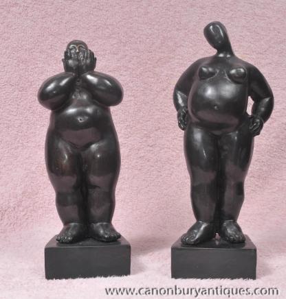 Pair Bronze Plump Figurines Statues Botero Casting