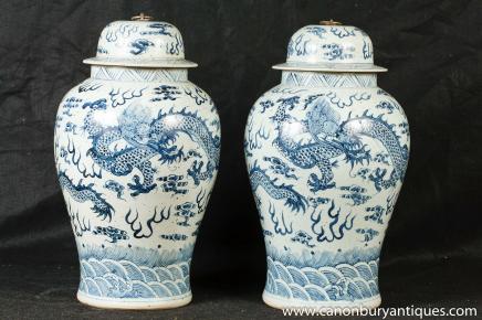 Pair Chinese Nanking Ginger Jars Dragon Vases Urns