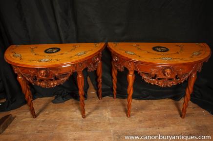 Pair Chippendale Demi Lune Console Tables Carved Base 