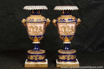 Pair Classical Dresden Porcelain Vases Urns German Pottery 