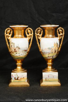 Pair Dresden Porcelain Amphora Vases on Stands Urns Gilt 