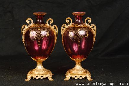 Pair Empire Cut Galss Vases Urns Ormolu Fixtures 
